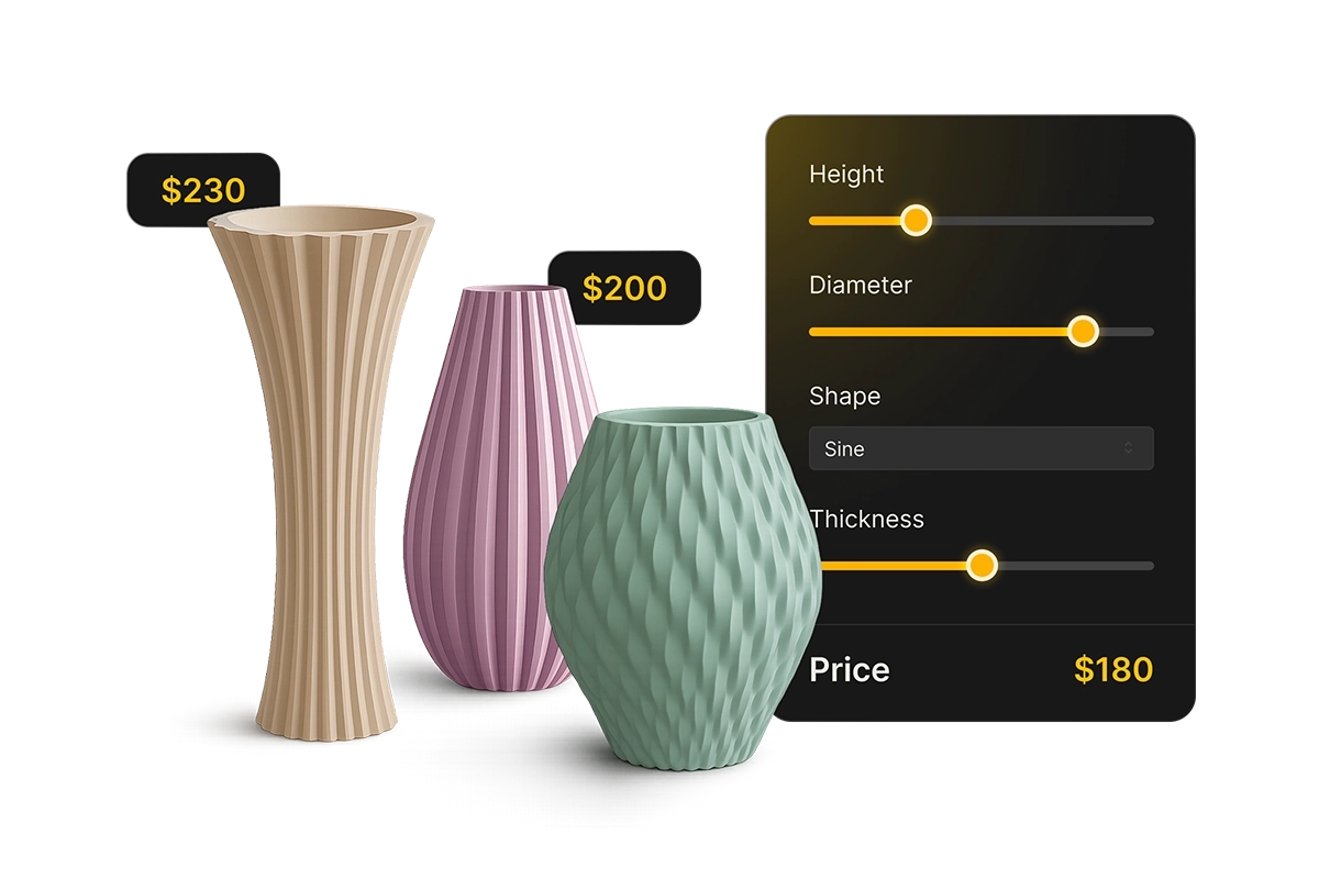 Interactive 3D configurator showing real-time product customization with dynamic controls
