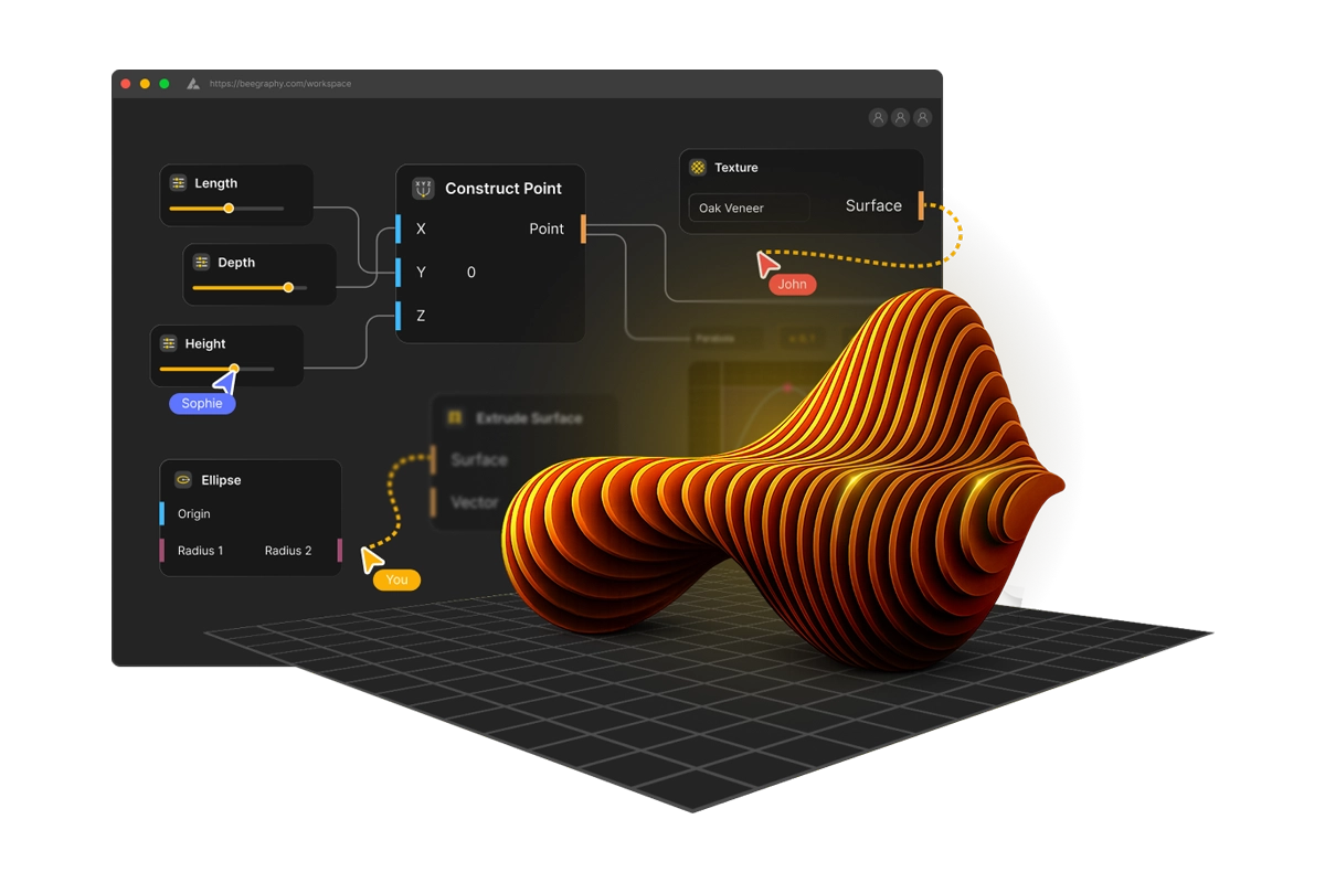 Visual programming editor with node-based interface showing parametric design workflow